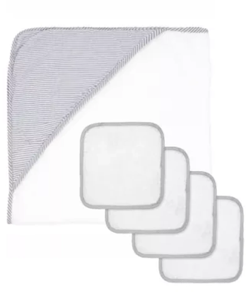 Baby Boys and Girls Hooded Towel with 4 Wash Cloths, Gray Trim