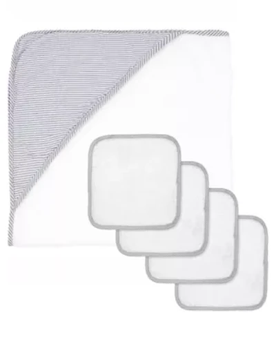 Baby Boys and Girls Hooded Towel with 4 Wash Cloths, Gray Trim