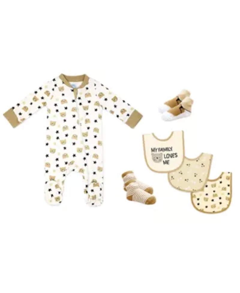 Baby Neutral 6 Piece Footed Sleeper, Bibs, and Socks Set
