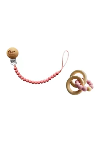 Baby Girls Silicone and Beech Rattle and Pacifier Clip Set