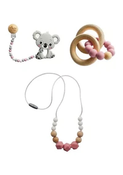 Baby Girls 3 Piece Koala Silicone and Beech Wood Teething Gift Set