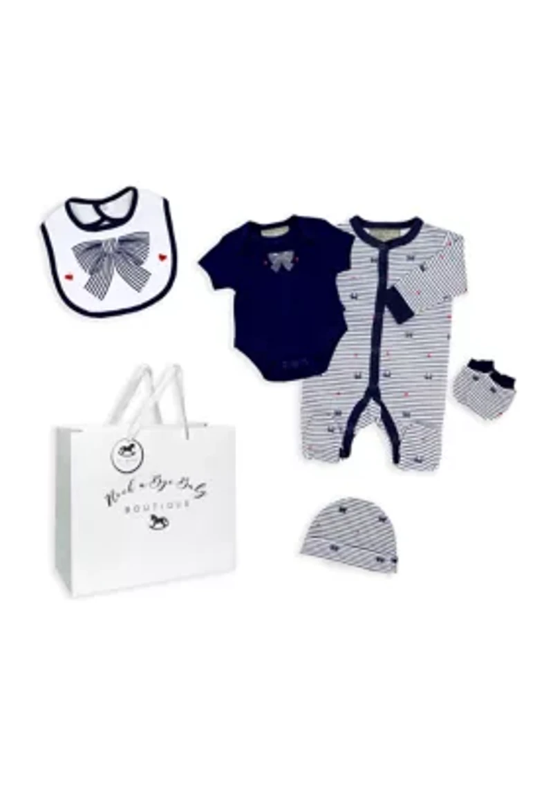 Baby Girls 5 Piece Navy Bows Layette Gift Set in Mesh Bag