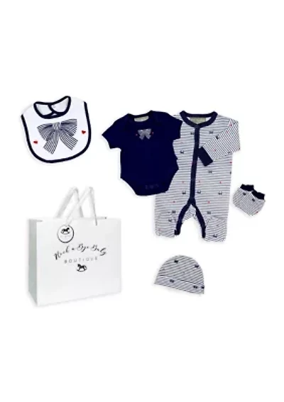 Baby Girls 5 Piece Navy Bows Layette Gift Set in Mesh Bag