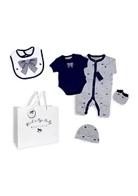 Baby Girls 5 Piece Navy Bows Layette Gift Set in Mesh Bag