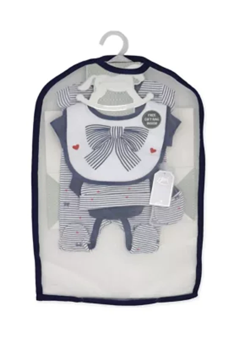 Baby Girls 5 Piece Navy Bows Layette Gift Set in Mesh Bag