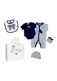 Baby Girls 5 Piece Navy Bows Layette Gift Set in Mesh Bag
