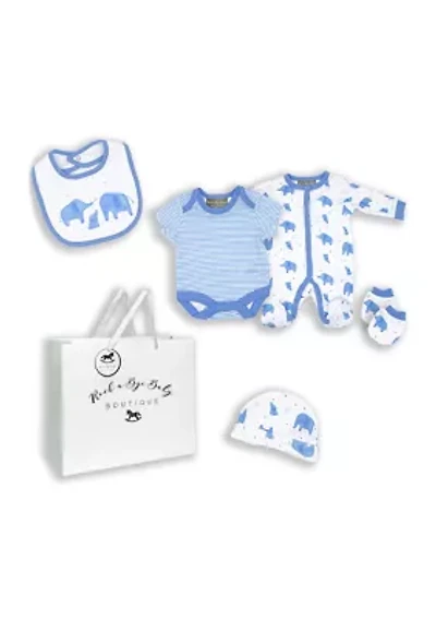 Baby Boys Blue Elephants 5 Pc Layette Gift Set in Mesh Bag