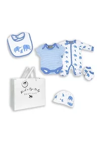 Baby Boys Blue Elephants 5 Pc Layette Gift Set in Mesh Bag
