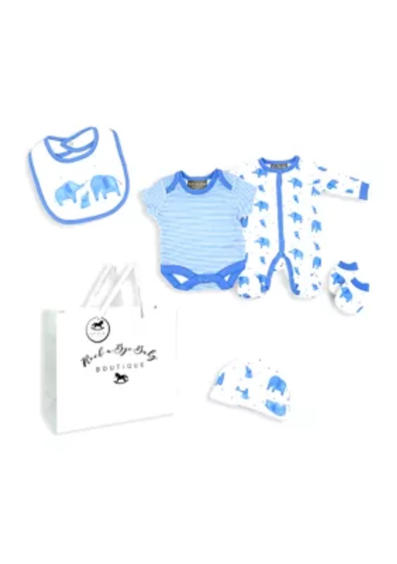 Baby Boys Blue Elephants 5 Pc Layette Gift Set in Mesh Bag