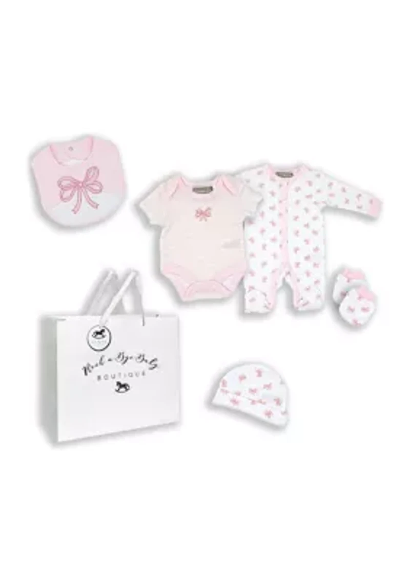 Baby Girls Pink Bow 5 Pc Layette Gift Set in Mesh Bag