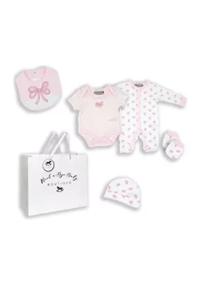 Baby Girls Pink Bow 5 Pc Layette Gift Set in Mesh Bag