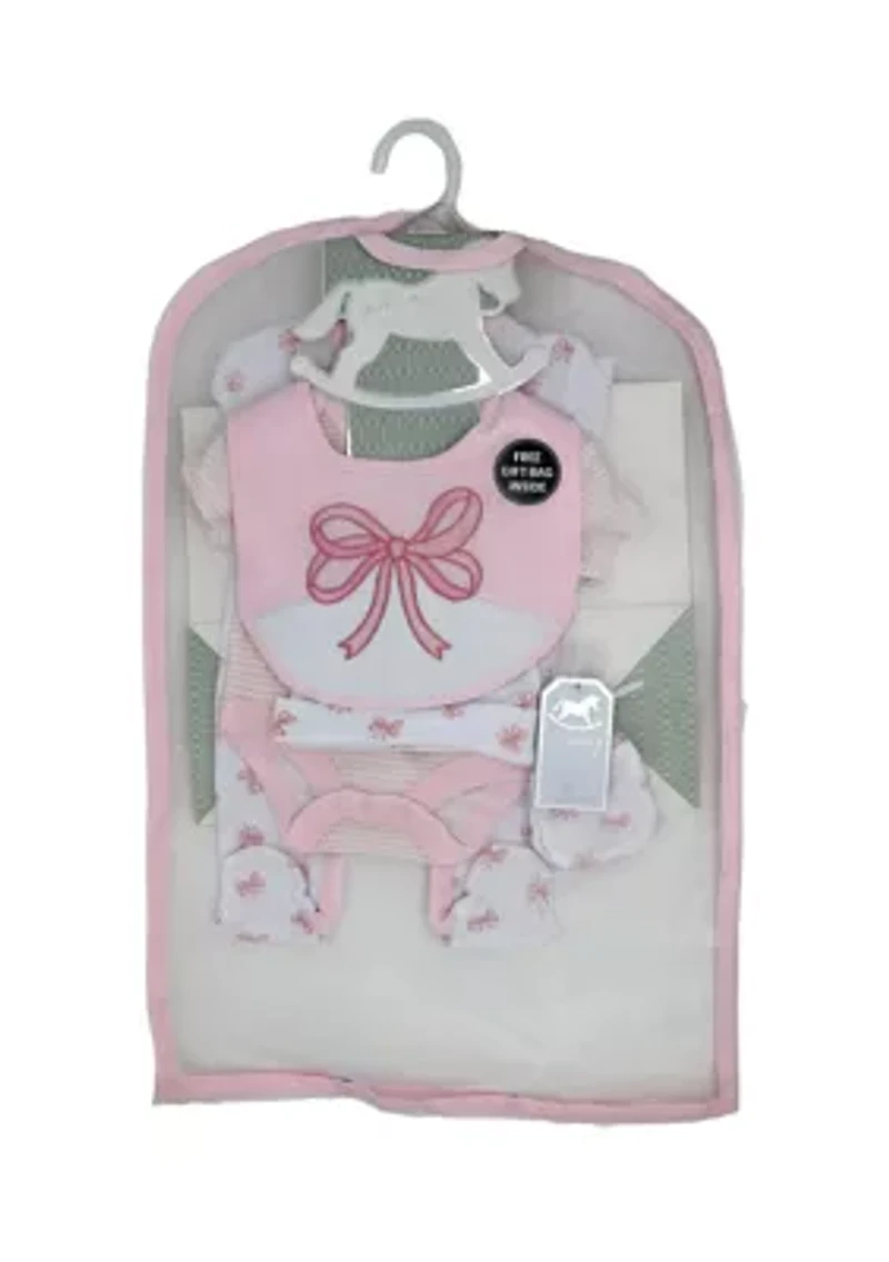 Baby Girls Pink Bow 5 Pc Layette Gift Set in Mesh Bag