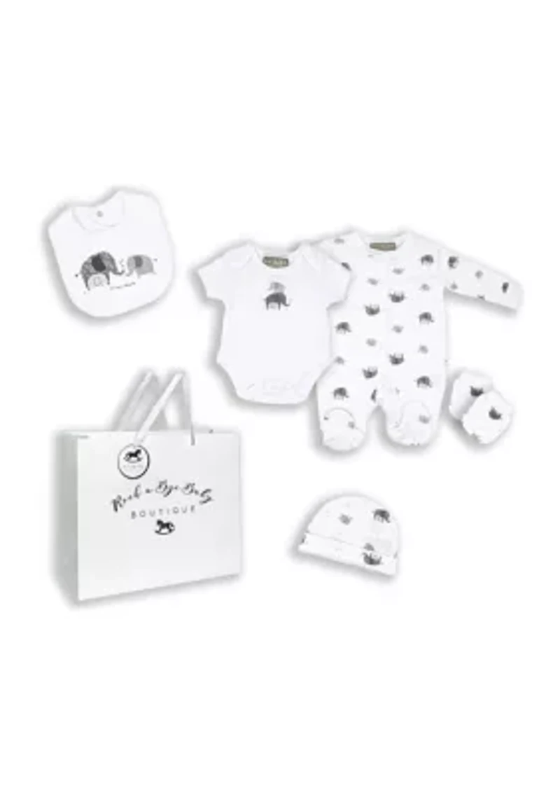 Baby Boys and Girls Elephant Family 5 Pc Layette Gift Set in Mesh Bag