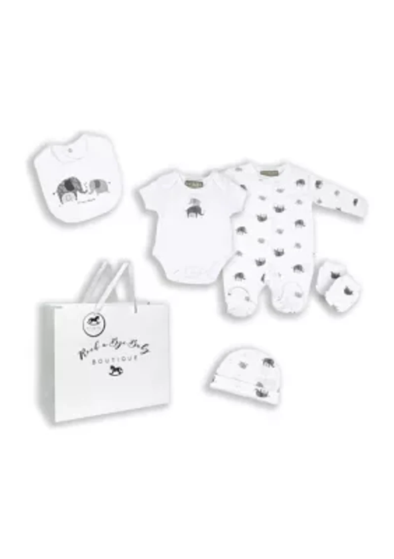 Baby Boys and Girls Elephant Family 5 Pc Layette Gift Set in Mesh Bag