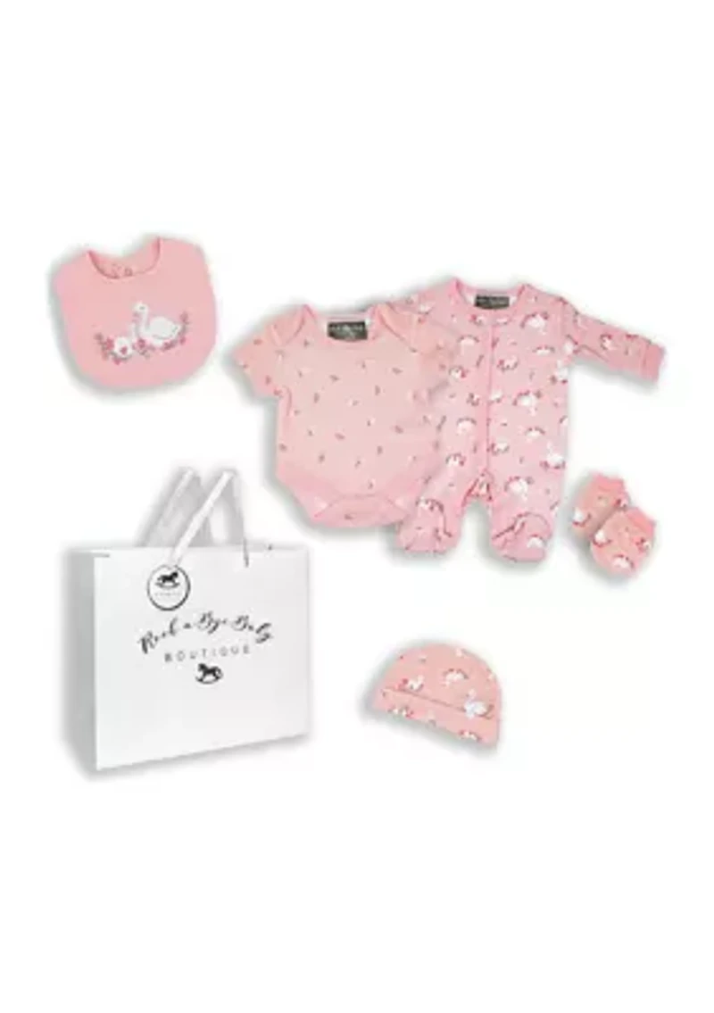 Baby Girls Lovely Swan 5 Pc Layette Gift Set in Mesh Bag