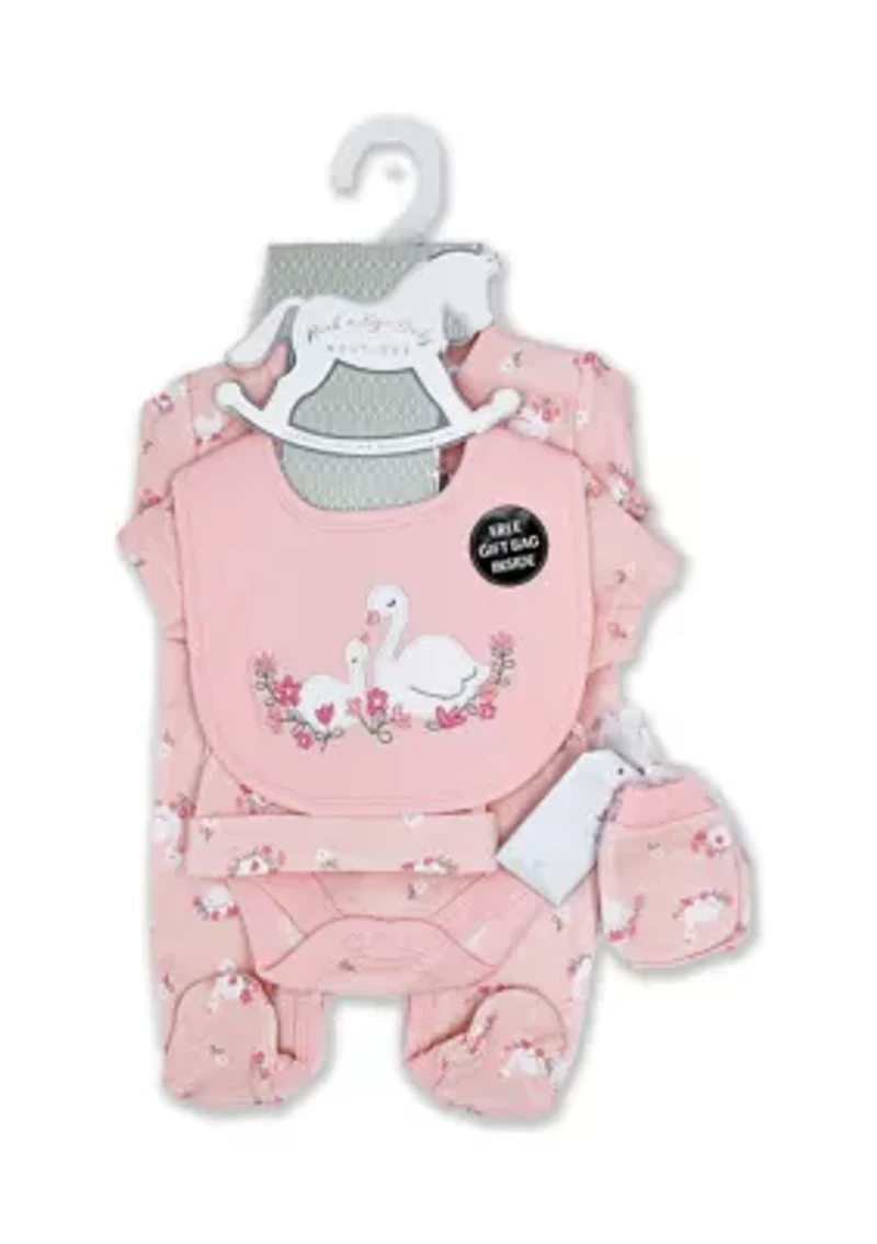 Baby Girls Lovely Swan 5 Pc Layette Gift Set in Mesh Bag
