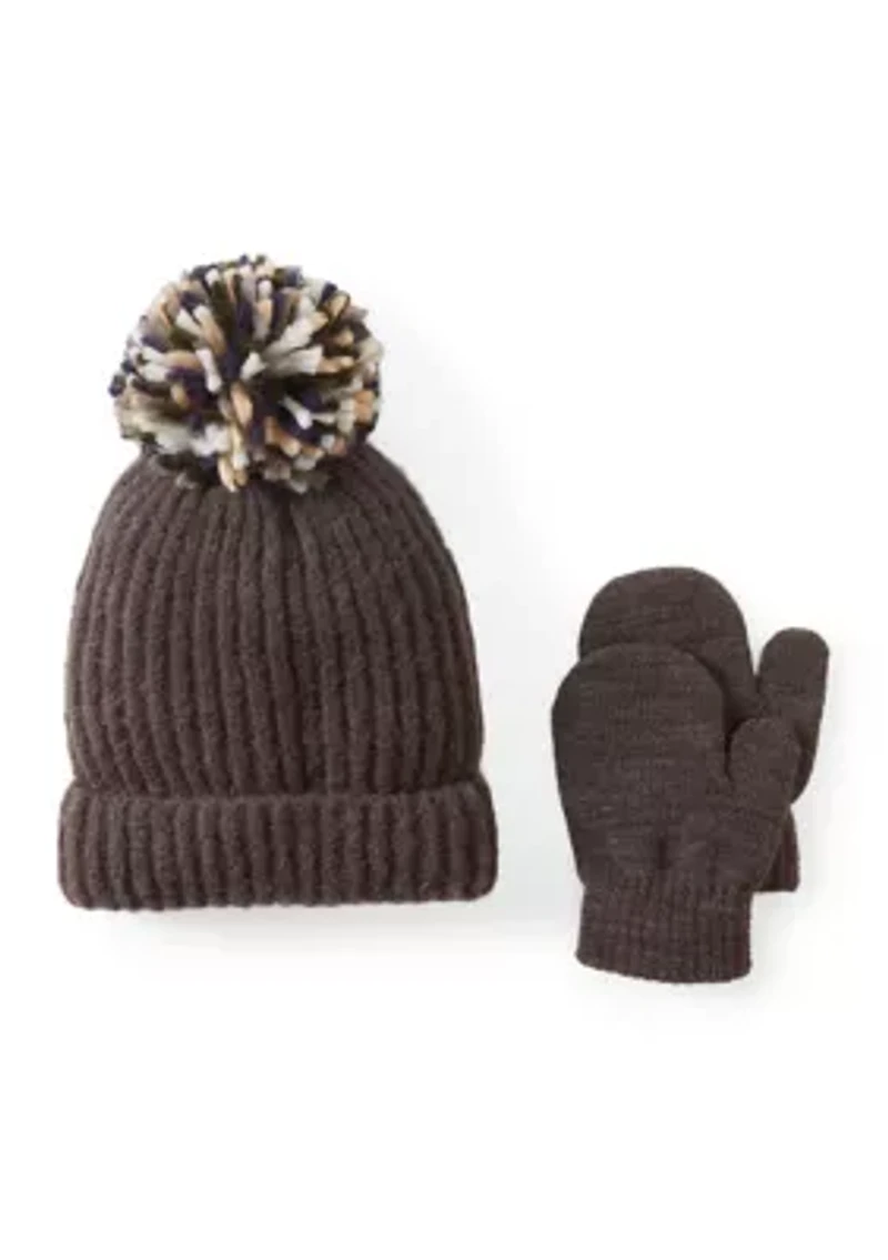 Baby Fuzzy Yarn Knit Hat and Mittens Set