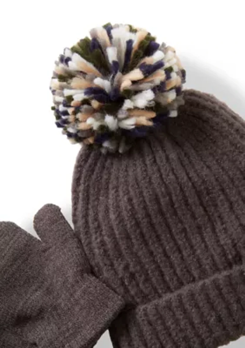 Baby Fuzzy Yarn Knit Hat and Mittens Set