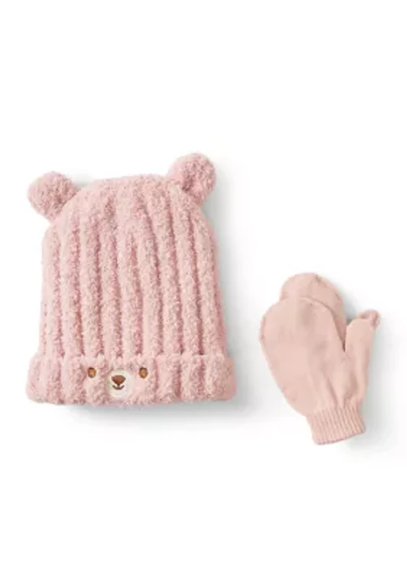 Girls Pink Bear Hat and Mittens Set