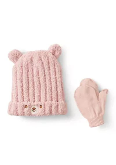 Girls Pink Bear Hat and Mittens Set