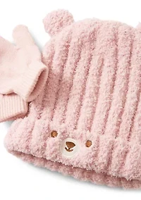 Girls Pink Bear Hat and Mittens Set