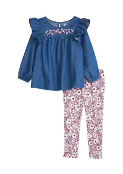 Baby Girls Embroidered Top and Printed Leggings Set
