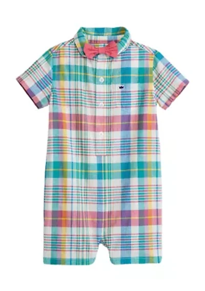Baby Boys Short Sleeve Button Front Romper with Bow Tie
