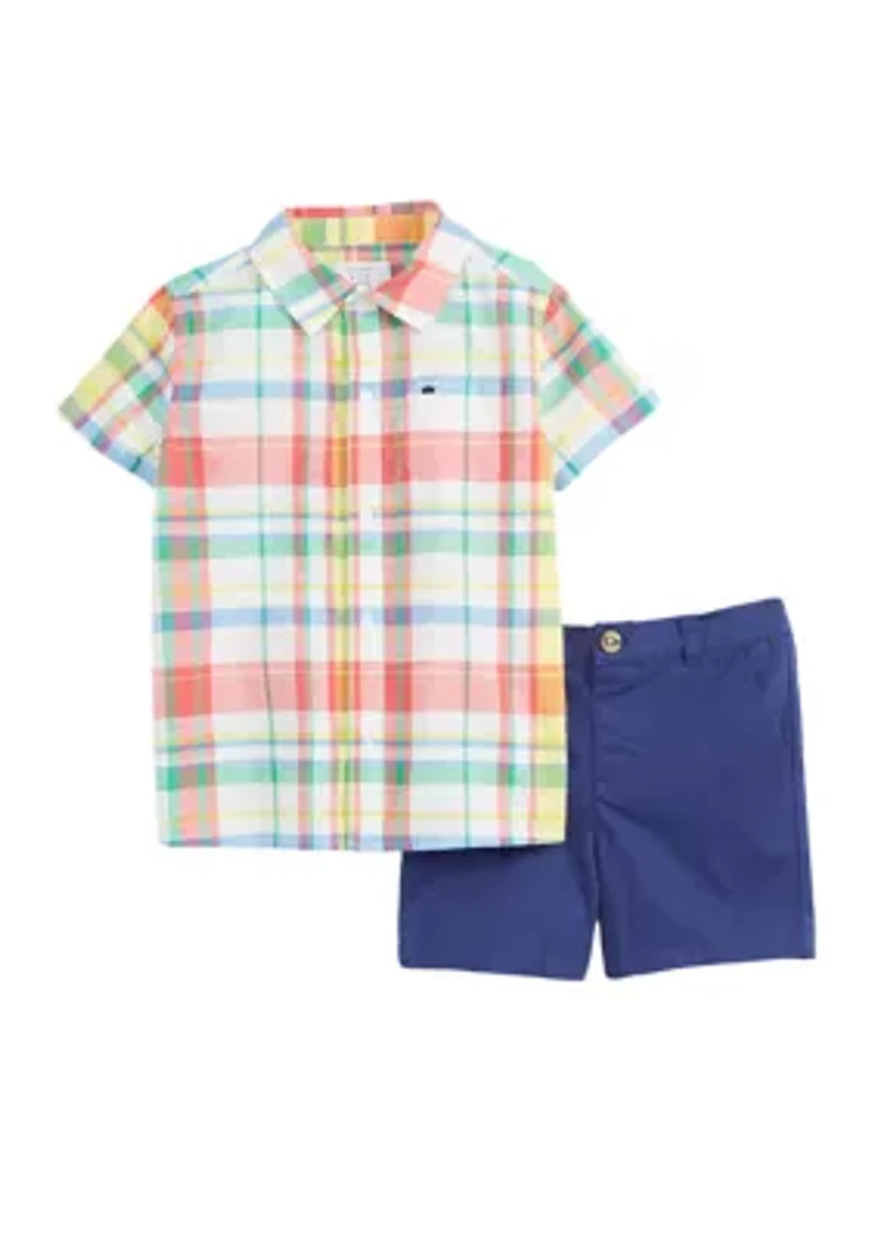 Toddler Boys Plaid Woven Shirt and Shorts Set