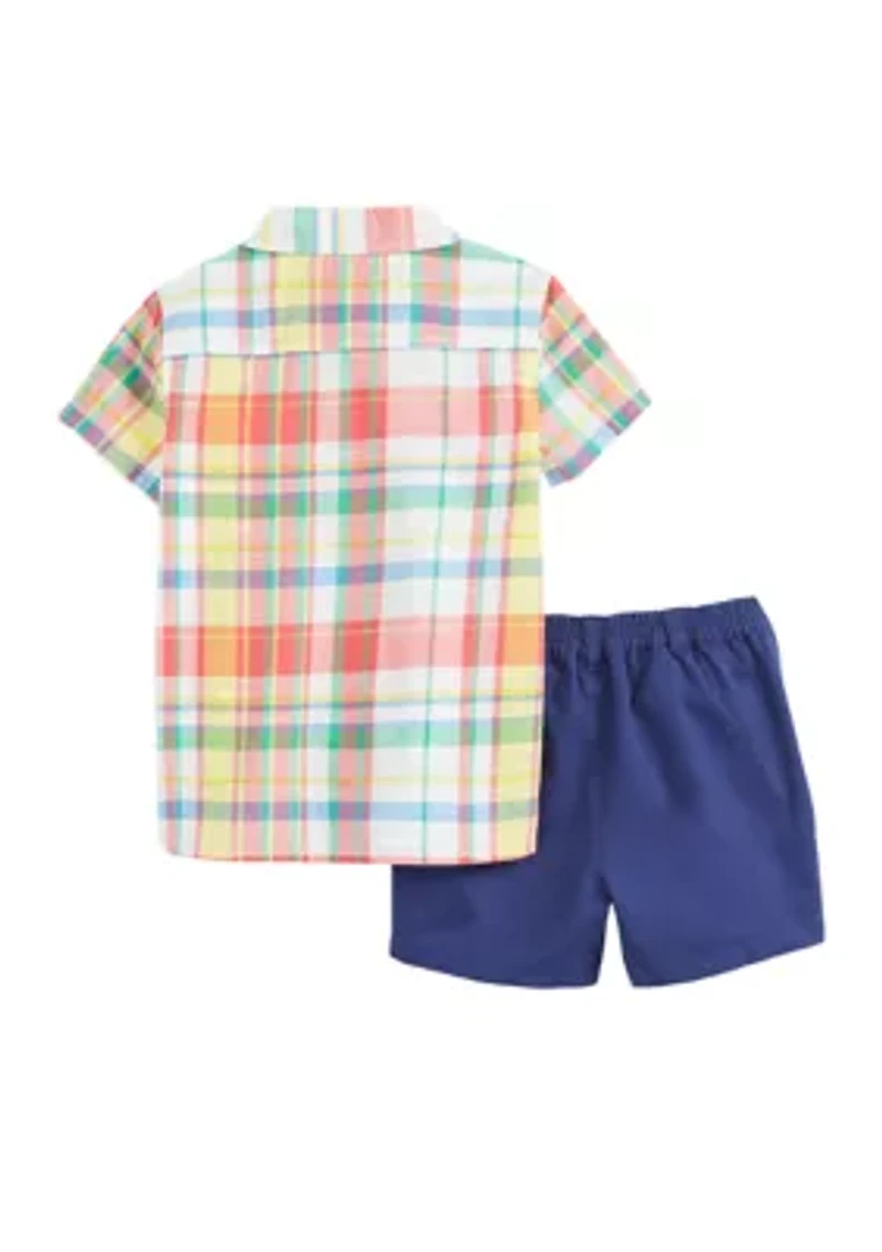 Toddler Boys Plaid Woven Shirt and Shorts Set