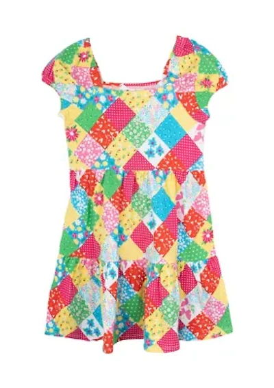 Toddler Girls Puff Sleeve Patchwork Dress