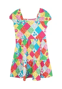 Toddler Girls Puff Sleeve Patchwork Dress