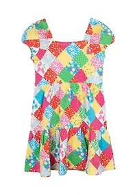 Toddler Girls Puff Sleeve Patchwork Dress