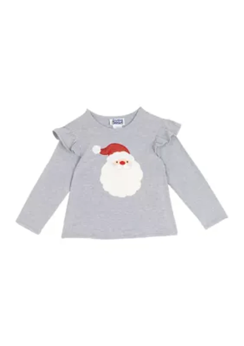 Toddler Girls Long Sleeve Ruffled Shoulder Santa T-Shirt
