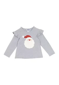 Toddler Girls Long Sleeve Ruffled Shoulder Santa T-Shirt