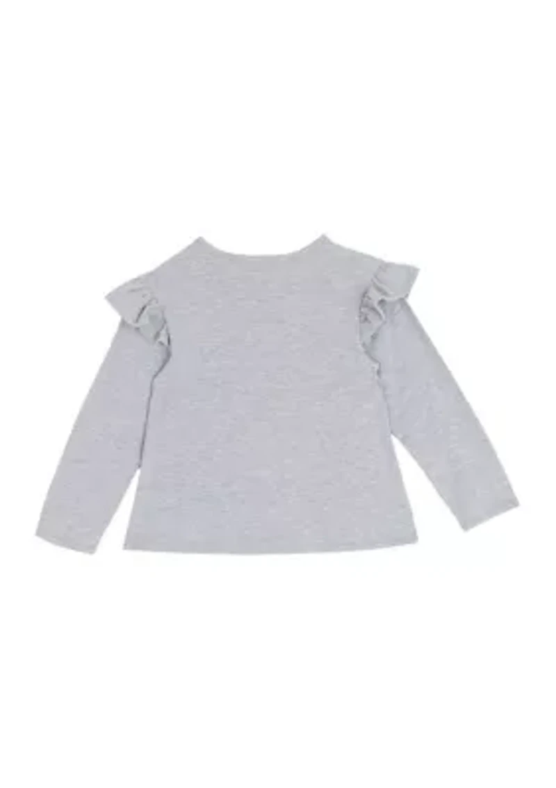 Toddler Girls Long Sleeve Ruffled Shoulder Santa T-Shirt