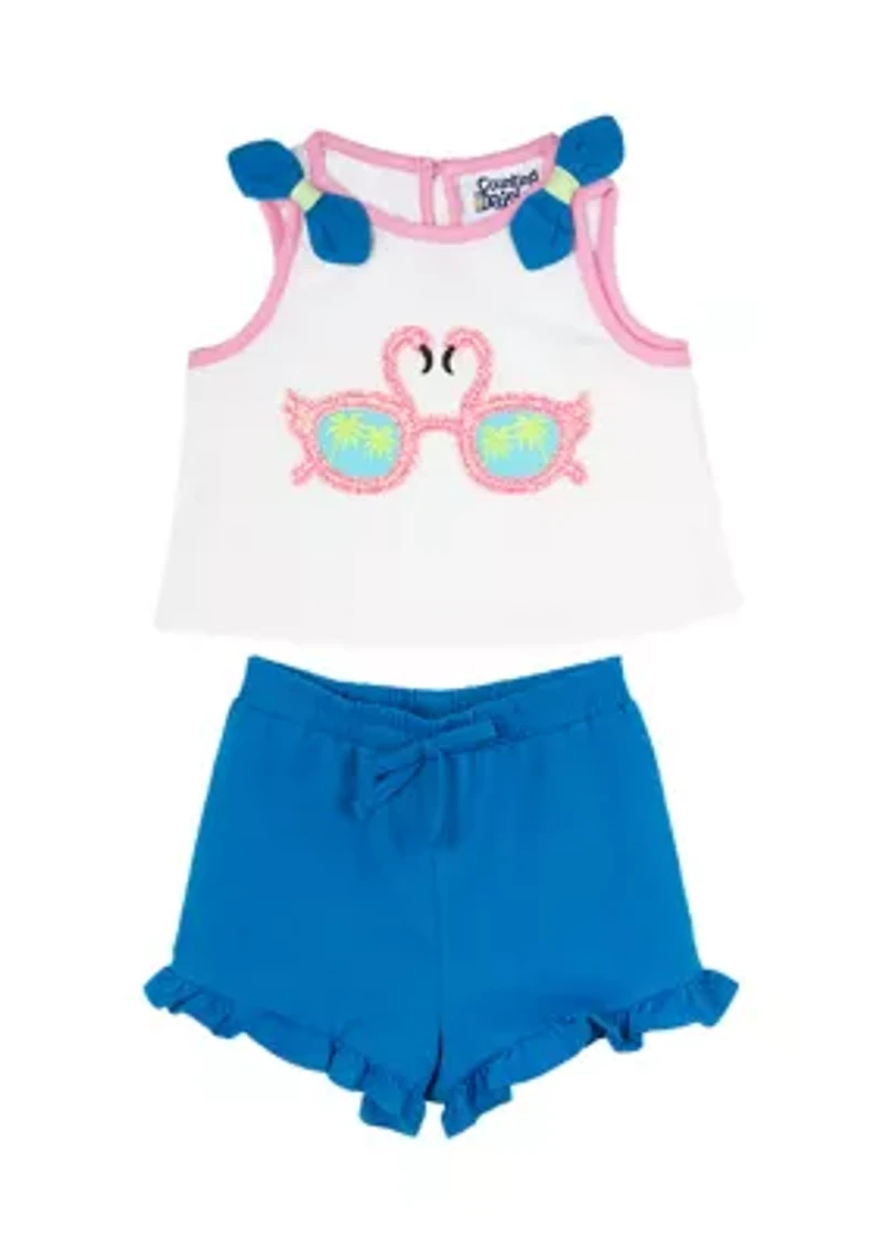 Baby Girls Flamingo Graphic Tank Top and Ruffle Shorts Set