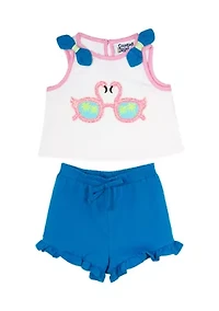 Baby Girls Flamingo Graphic Tank Top and Ruffle Shorts Set