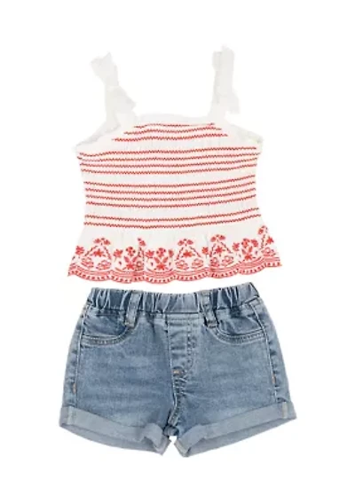 Baby Girls Smocked Tank Top and Denim Shorts Set
