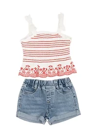 Baby Girls Smocked Tank Top and Denim Shorts Set
