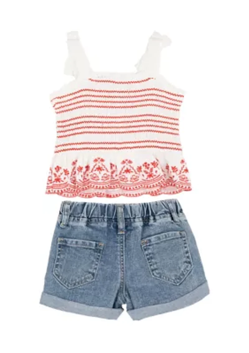 Baby Girls Smocked Tank Top and Denim Shorts Set