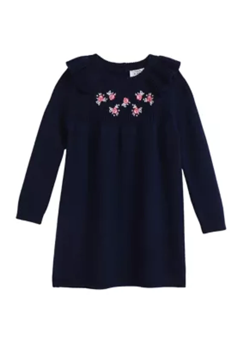 Toddler Girls Floral Embroidered Sweater Dress