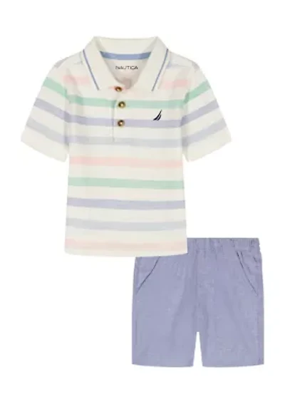 Baby Boys Pastel Striped Polo Shirt and Shorts Set