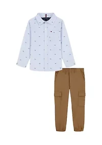 Toddler Boys Printed Dress Shirt and Cargo Jogger Set