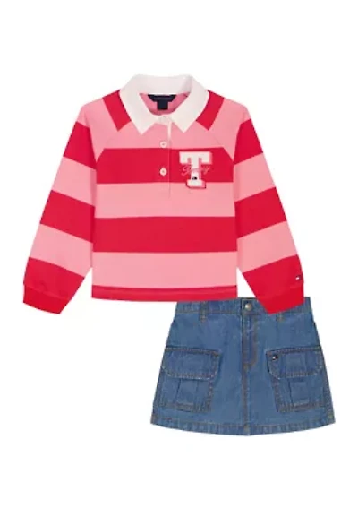 Girls 4-16 Striped Polo Shirt and Denim Skirt Set