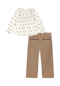 Toddler Girls Printed Woven Top with Twill Wide Leg Pants