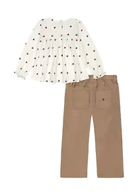 Toddler Girls Printed Woven Top with Twill Wide Leg Pants