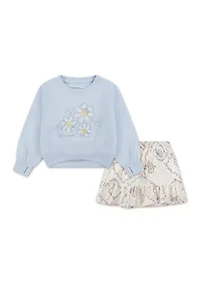 toddler flower fleece crew neck and skort set