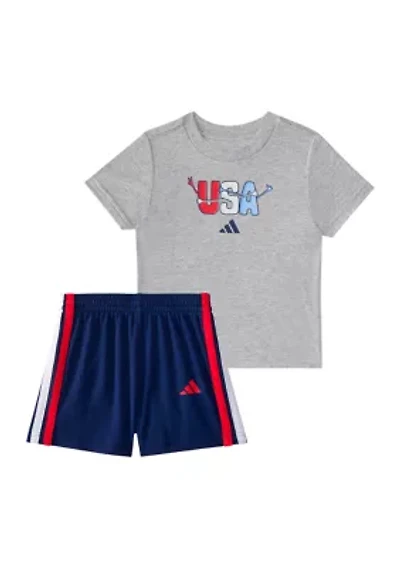 Baby Boys Two Piece Short Sleeve Graphic Cotton Heather T-Shirt and 3-Stripe Shorts Set