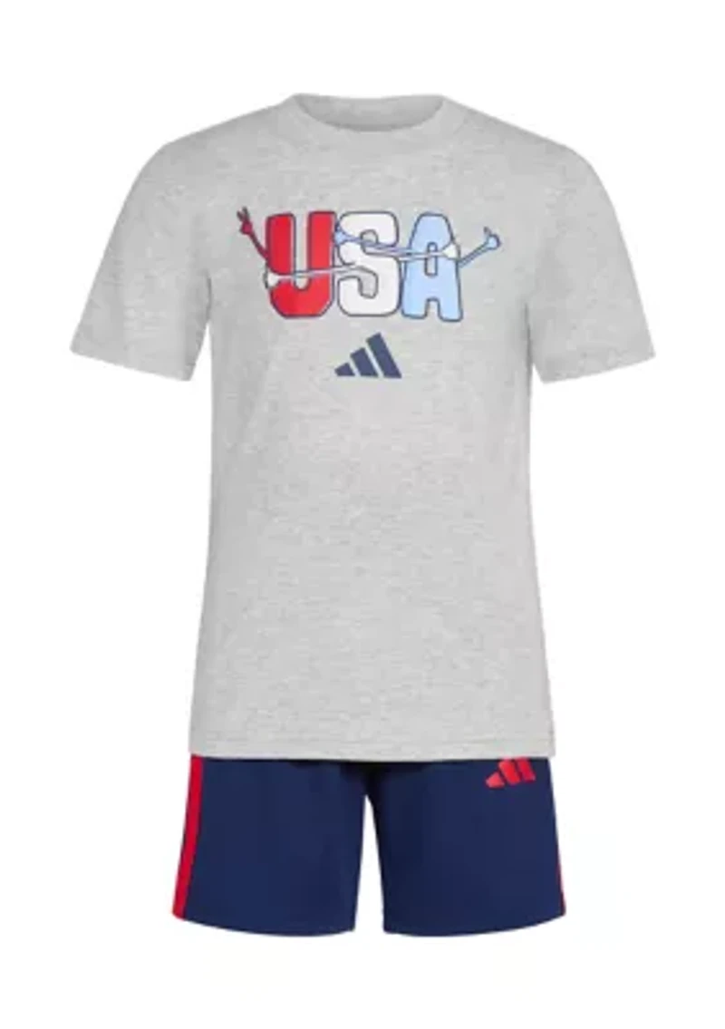 Boys 4-7 Two Piece Short Sleeve Graphic Cotton Heather T-Shirt and 3-Stripe Shorts Set