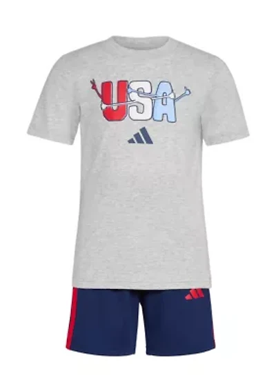 Boys 4-7 Two Piece Short Sleeve Graphic Cotton Heather T-Shirt and 3-Stripe Shorts Set